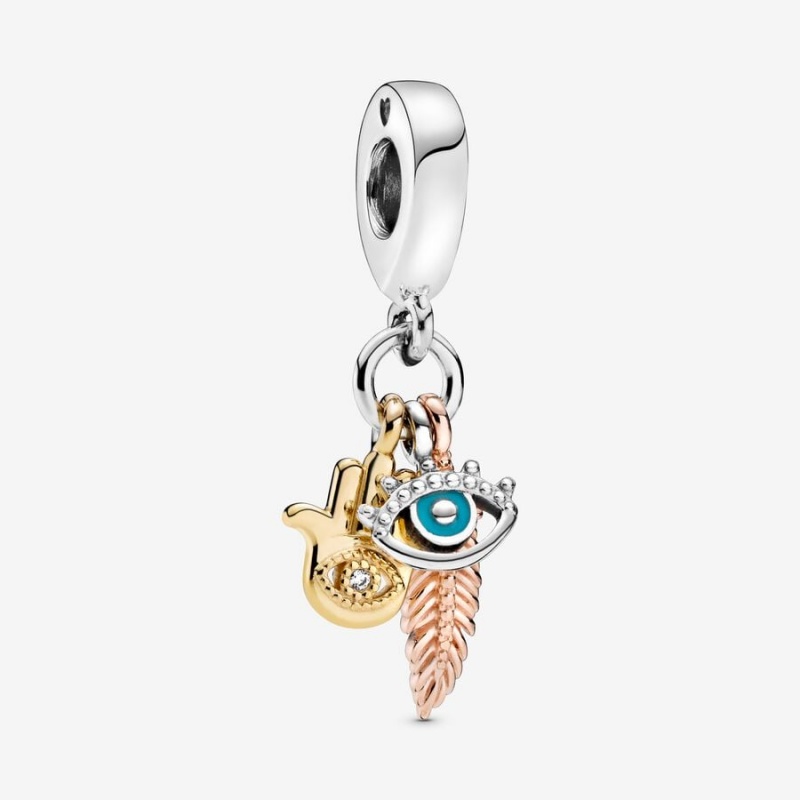 Pandora Hamsa, All-seeing Eye & Feather Spirituality Dangle Charm Tri-tone | 972WSNVOU