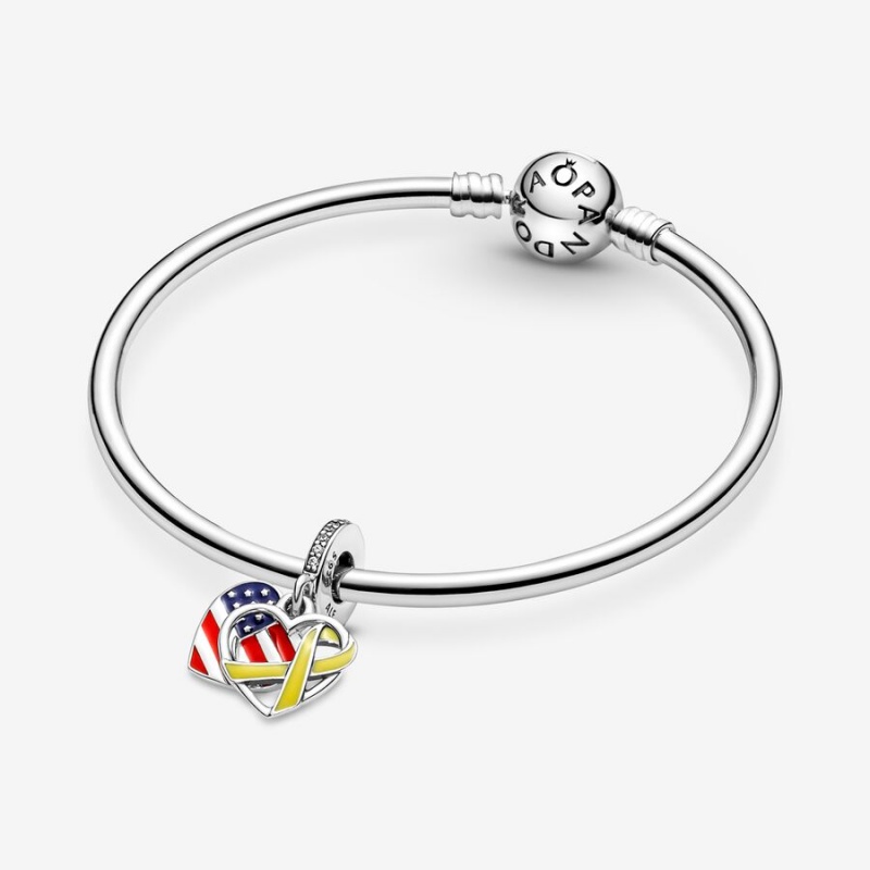 Pandora Heart, Flag & Remembrance Ribbon Double Dangle Charm Sterling Silver | 051FDSBCA