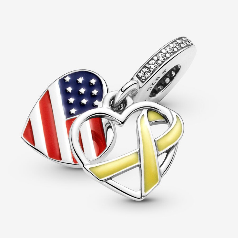 Pandora Heart, Flag & Remembrance Ribbon Double Dangle Charm Sterling Silver | 051FDSBCA