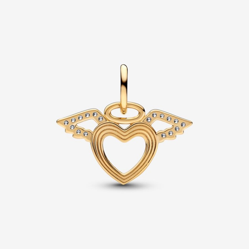 Pandora Heart & Angel Wings Dangle Charm Gold | 645VRDFLK