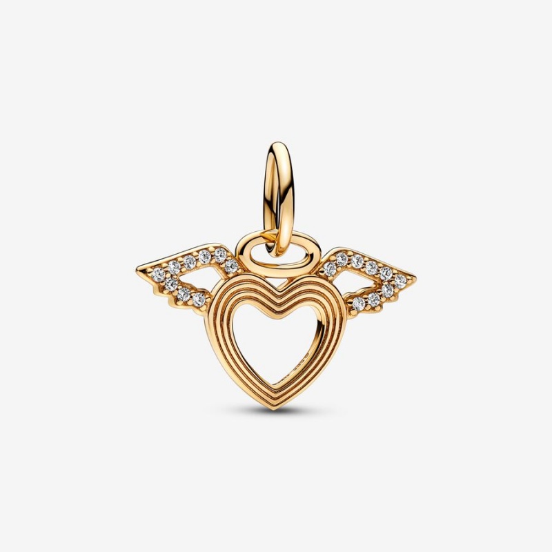 Pandora Heart & Angel Wings Dangle Charm Gold | 645VRDFLK