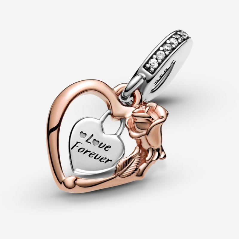 Pandora Heart & Rose Flower Dangle Charm Two-tone | 913GFIXZQ