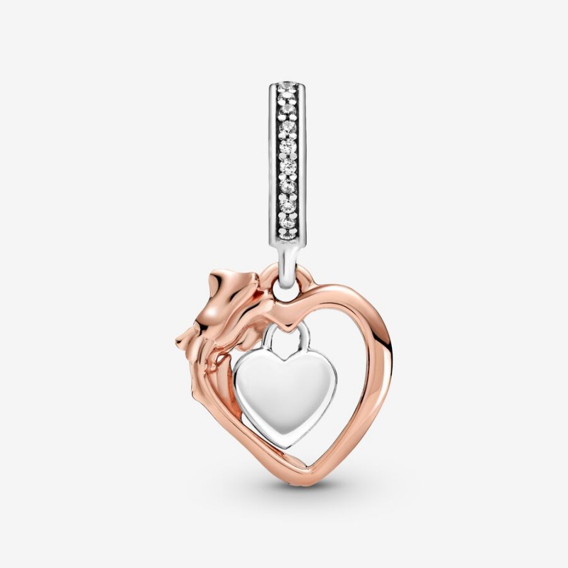 Pandora Heart & Rose Flower Dangle Charm Two-tone | 913GFIXZQ