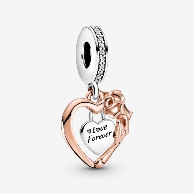 Pandora Heart & Rose Flower Dangle Charm Two-tone | 913GFIXZQ