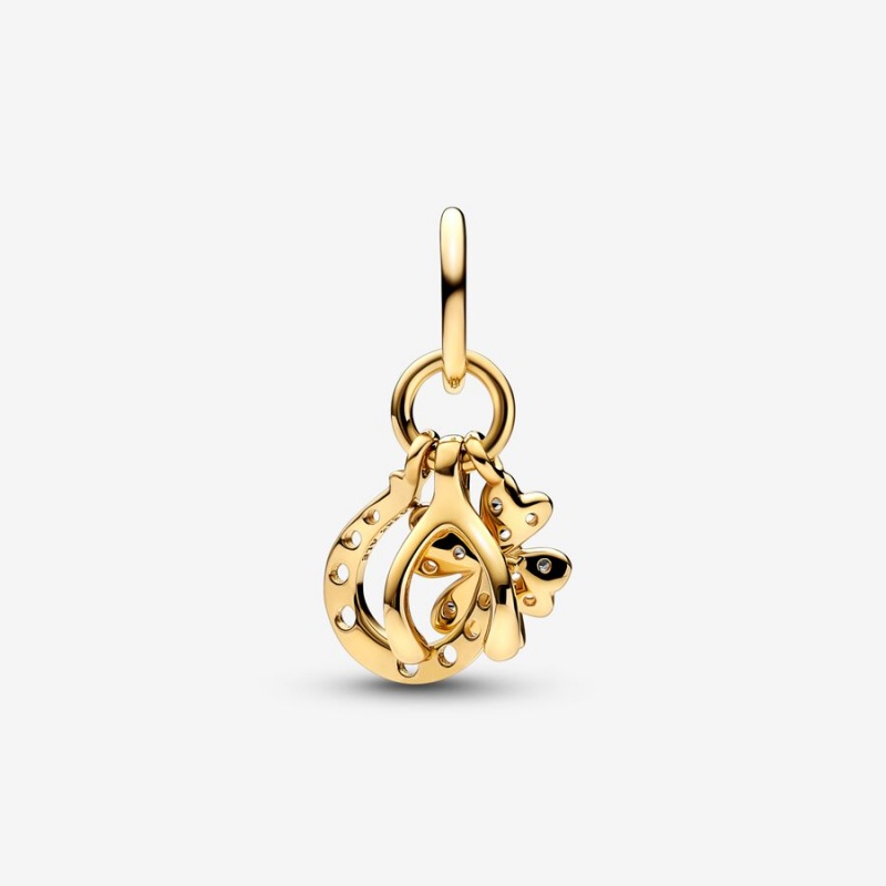 Pandora Lucky Clover, Wishbone & Horseshoe Dangle Charm Gold | 781QNHBKL