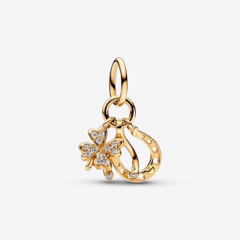 Pandora Lucky Clover, Wishbone & Horseshoe Dangle Charm Gold | 781QNHBKL