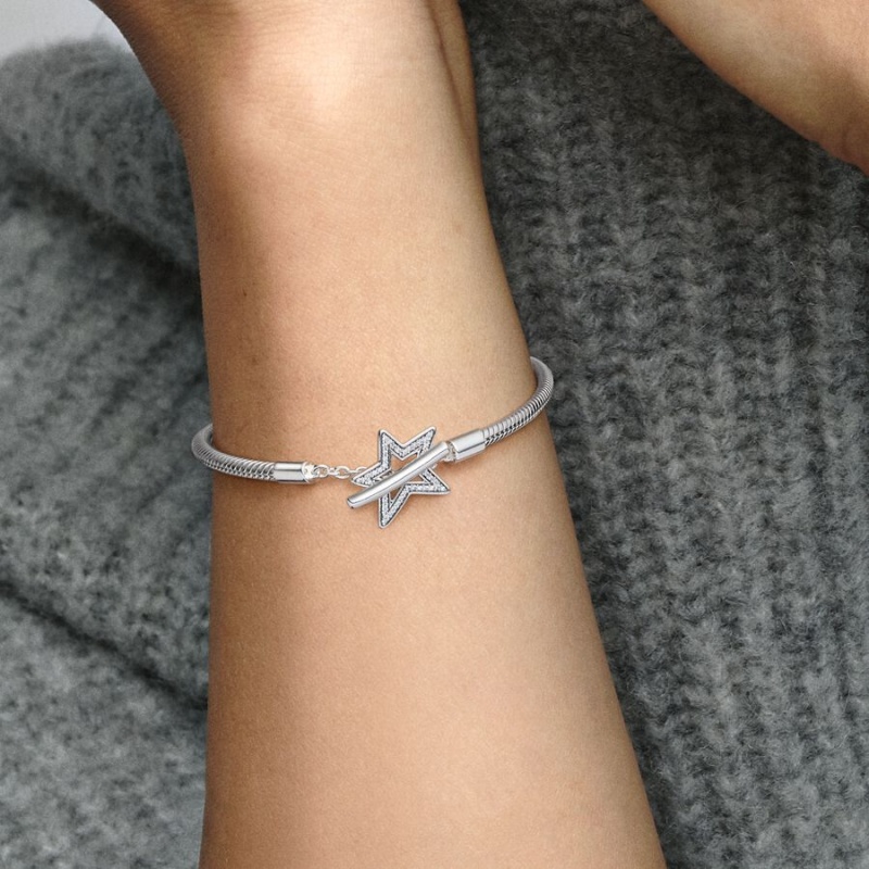 Pandora Moments Asymmetric Star T-bar Snake Chain Bracelet Sterling Silver | 370WLMXSU