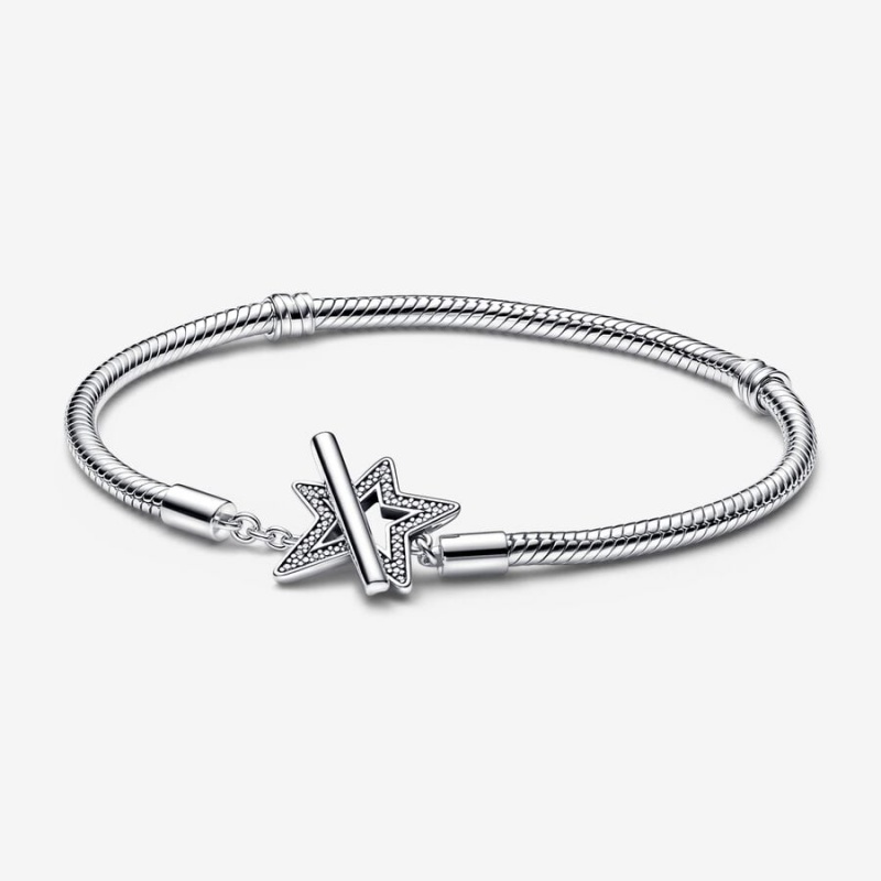 Pandora Moments Asymmetric Star T-bar Snake Chain Bracelet Sterling Silver | 370WLMXSU