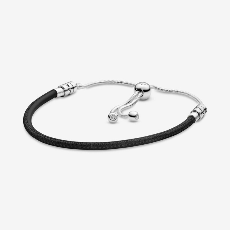 Pandora Moments Black Leather Slider Bracelet Sterling Silver | 523CFHVJO