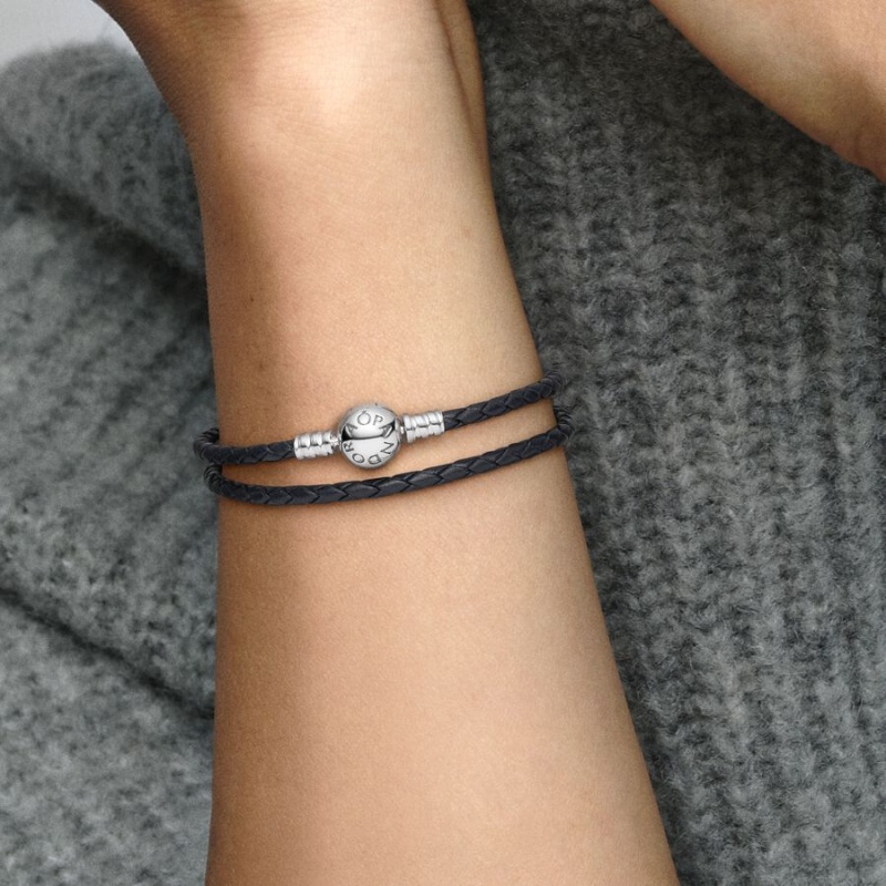 Pandora Moments Double Black Leather Bracelet Sterling Silver | 875SERZJF