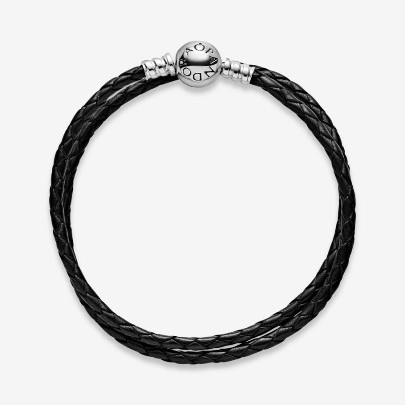 Pandora Moments Double Black Leather Bracelet Sterling Silver | 875SERZJF