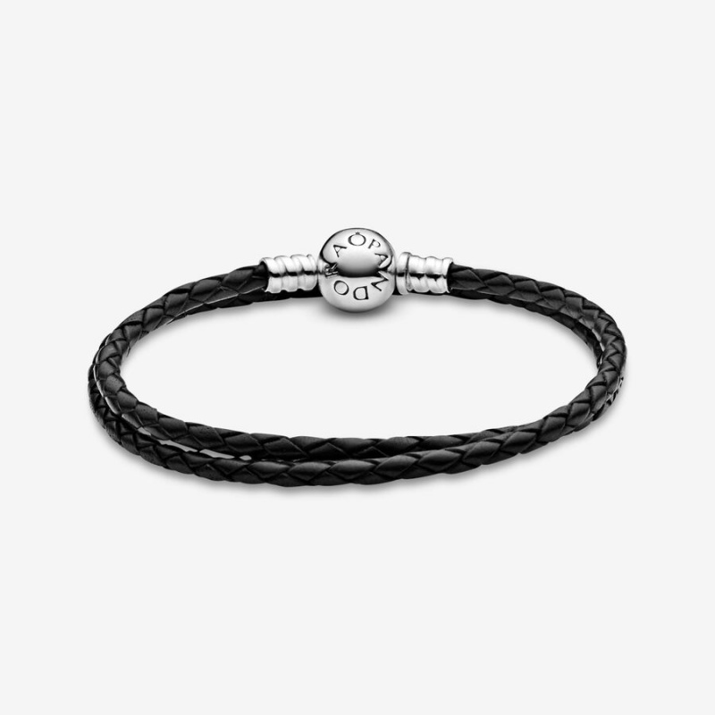 Pandora Moments Double Black Leather Bracelet Sterling Silver | 875SERZJF