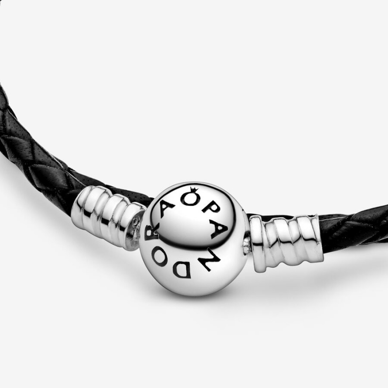 Pandora Moments Double Black Leather Bracelet Sterling Silver | 875SERZJF