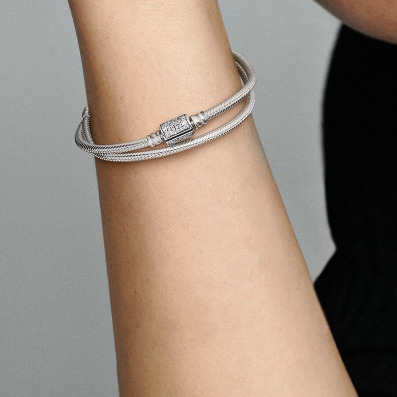 Pandora Moments Double Wrap Barrel Clasp Snake Chain Bracelet/Necklace Sterling Silver | 806SBQNFY