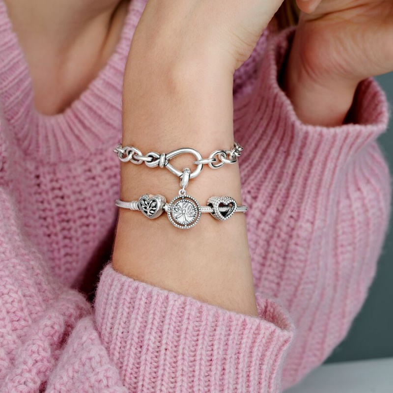 Pandora Moments Family Tree Heart Clasp Snake Chain Bracelet Sterling Silver | 417LUBZGW