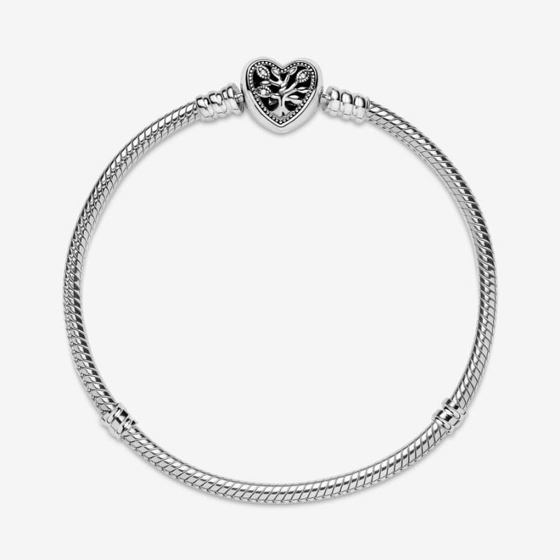 Pandora Moments Family Tree Heart Clasp Snake Chain Bracelet Sterling Silver | 417LUBZGW