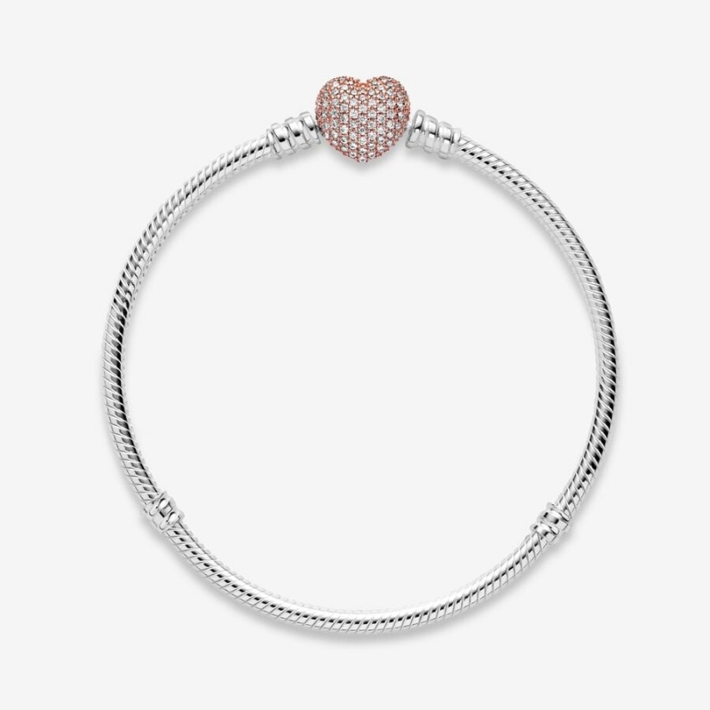 Pandora Moments Pavé Heart Clasp Snake Chain Bracelet Two-tone | 947PFBSWM