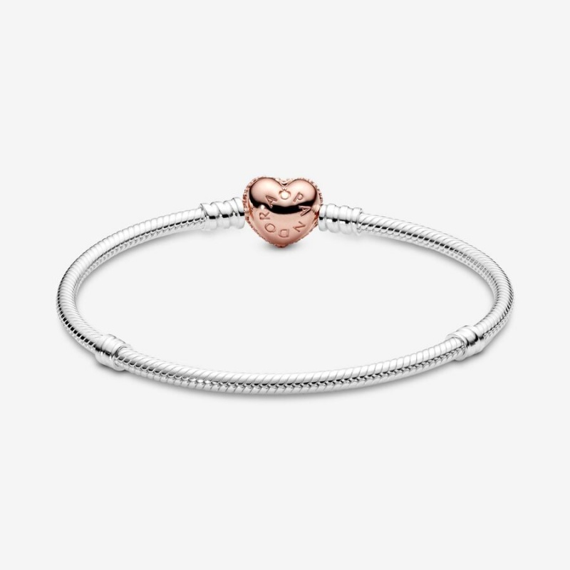 Pandora Moments Pavé Heart Clasp Snake Chain Bracelet Two-tone | 947PFBSWM