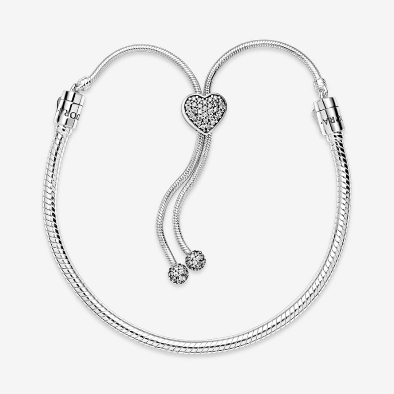 Pandora Moments Pavé Heart Clasp Snake Chain Slider Bracelet Sterling Silver | 398XFIQWZ