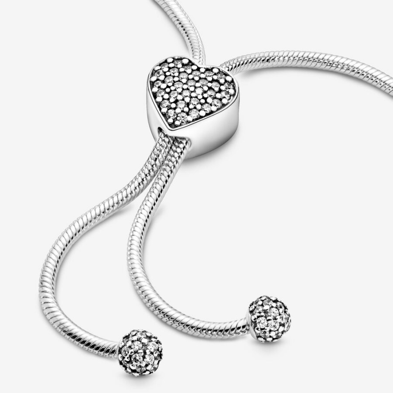 Pandora Moments Pavé Heart Clasp Snake Chain Slider Bracelet Sterling Silver | 398XFIQWZ