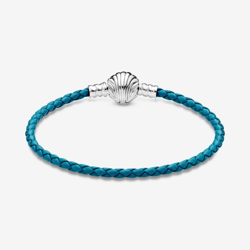 Pandora Moments Seashell Clasp Turquoise Braided Leather Bracelet Sterling Silver | 083ORVNEF