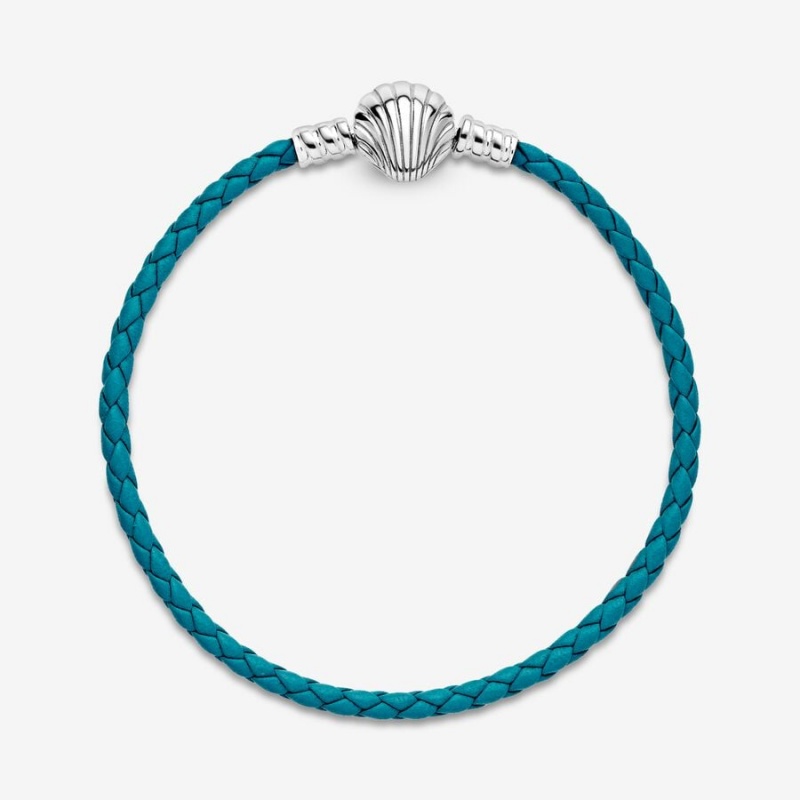 Pandora Moments Seashell Clasp Turquoise Braided Leather Bracelet Sterling Silver | 083ORVNEF