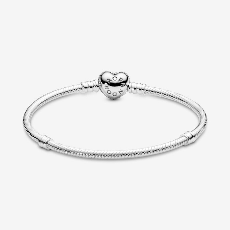 Pandora Moments Sparkling Heart Clasp Snake Chain Bracelet Sterling Silver | 790QCZSMX