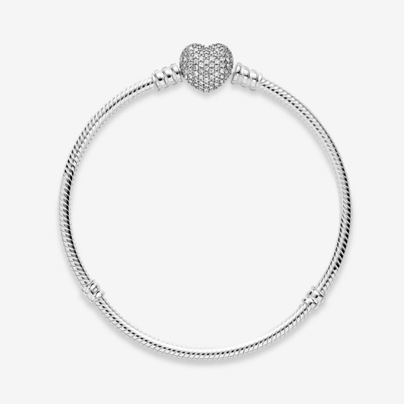 Pandora Moments Sparkling Heart Clasp Snake Chain Bracelet Sterling Silver | 790QCZSMX