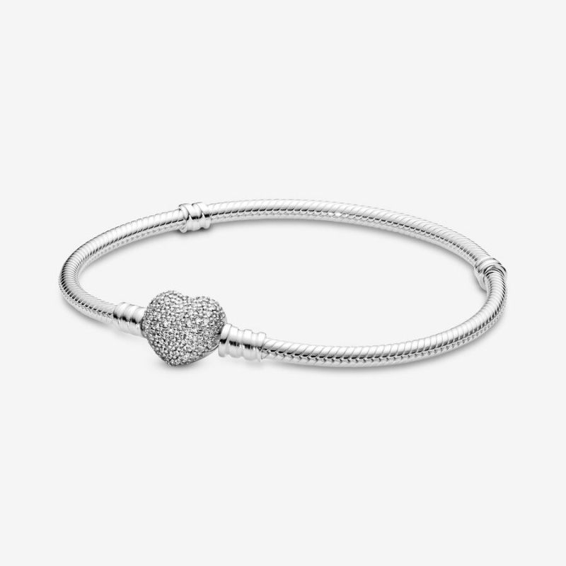 Pandora Moments Sparkling Heart Clasp Snake Chain Bracelet Sterling Silver | 790QCZSMX