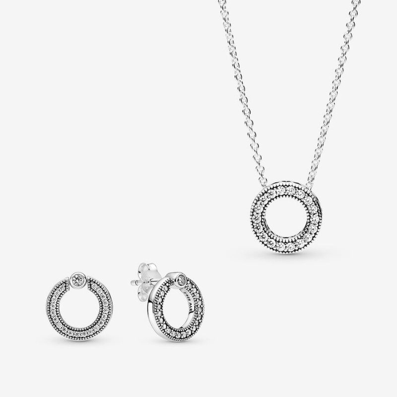 Pandora Pavé and Logo Circle Necklace and Earring Set | 789MTAGUW