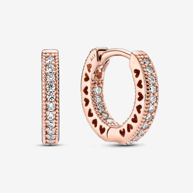 Pandora Pavé Heart Hoop Earrings Rose Gold Plated | 164EUTIZC