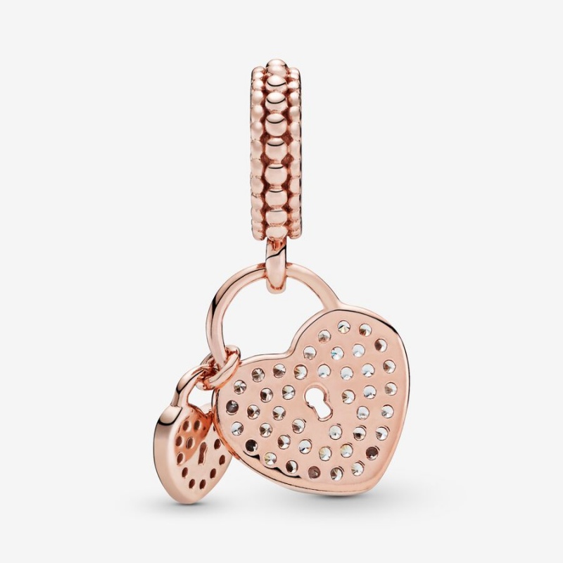 Pandora Pavé Heart Padlocks Dangle Charm Rose Gold Plated | 092EAQHTR