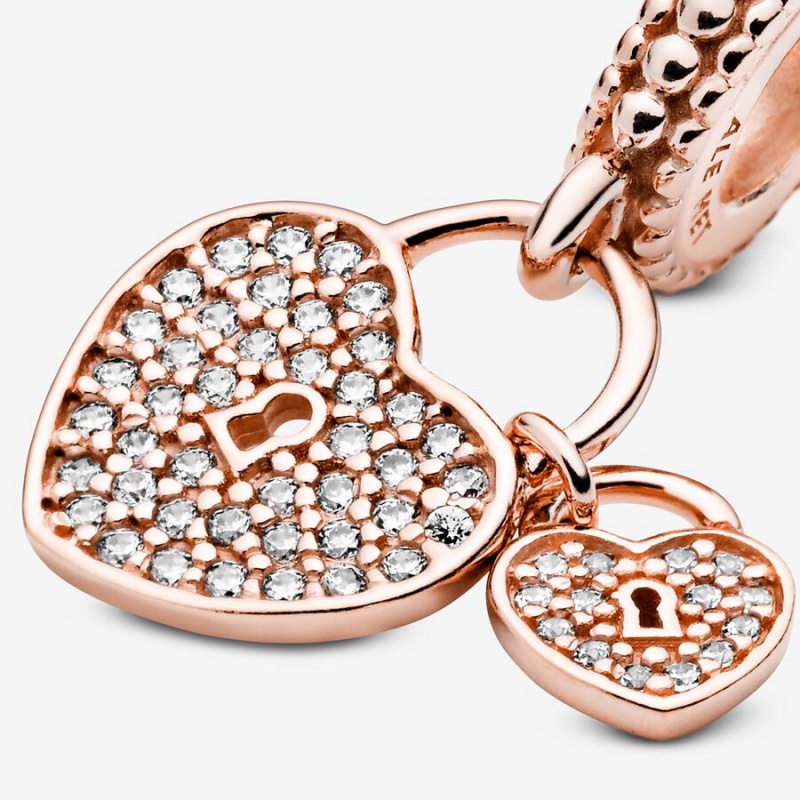 Pandora Pavé Heart Padlocks Dangle Charm Rose Gold Plated | 092EAQHTR