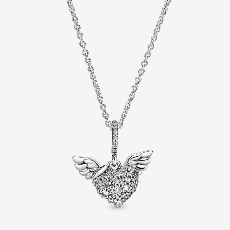 Pandora Pavé Heart and Angel Wings Necklace Sterling Silver | 876LRNWKH