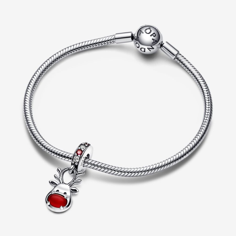 Pandora Red Nose Reindeer Murano Dangle Charm Sterling Silver | 458YPGDFW