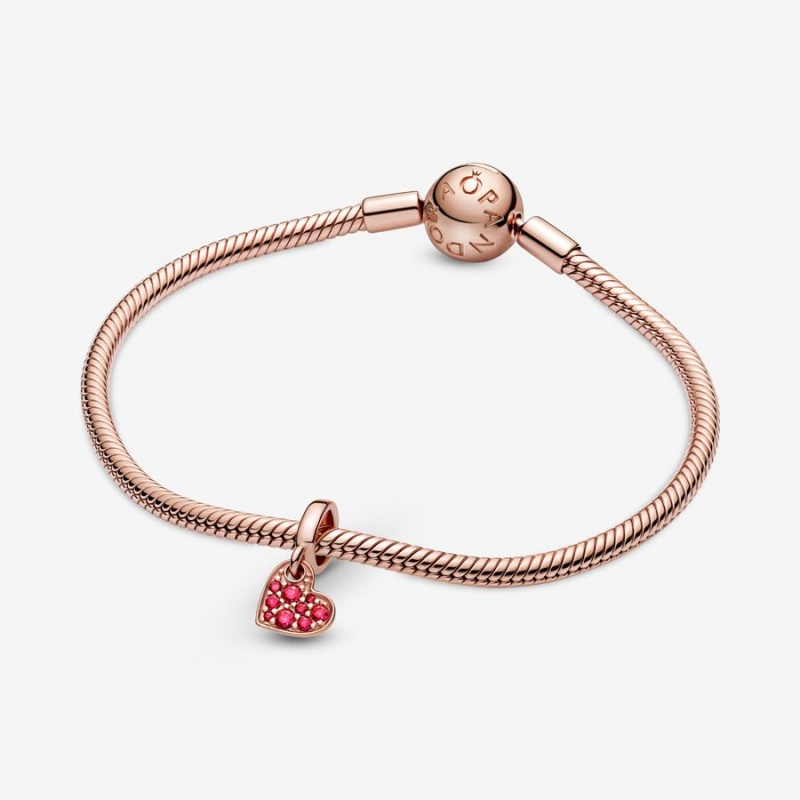 Pandora Red Pavé Tilted Heart Dangle Charm Rose Gold Plated | 576JKAODB