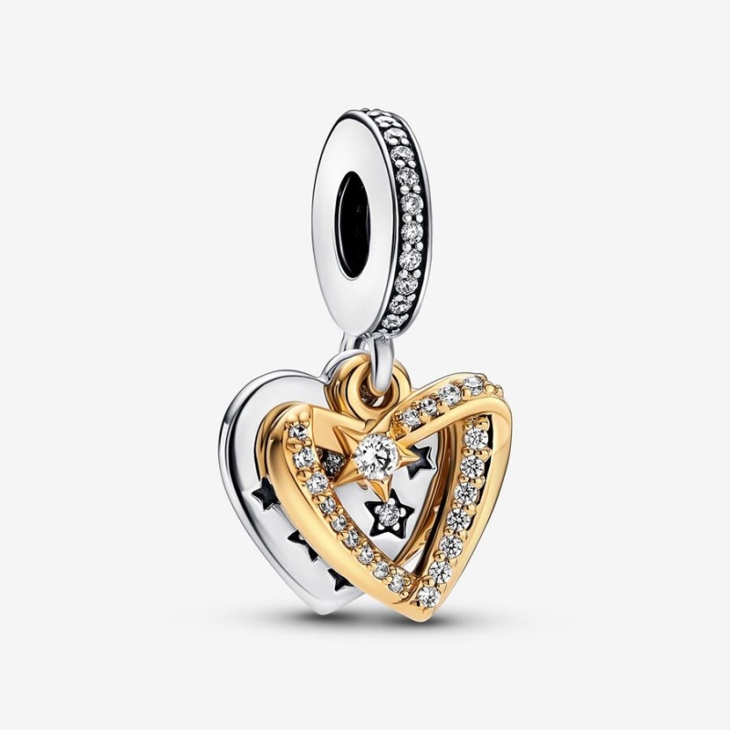 Pandora Shooting Star Hearts Double Dangle Charm Two-tone | 791LYJCVX