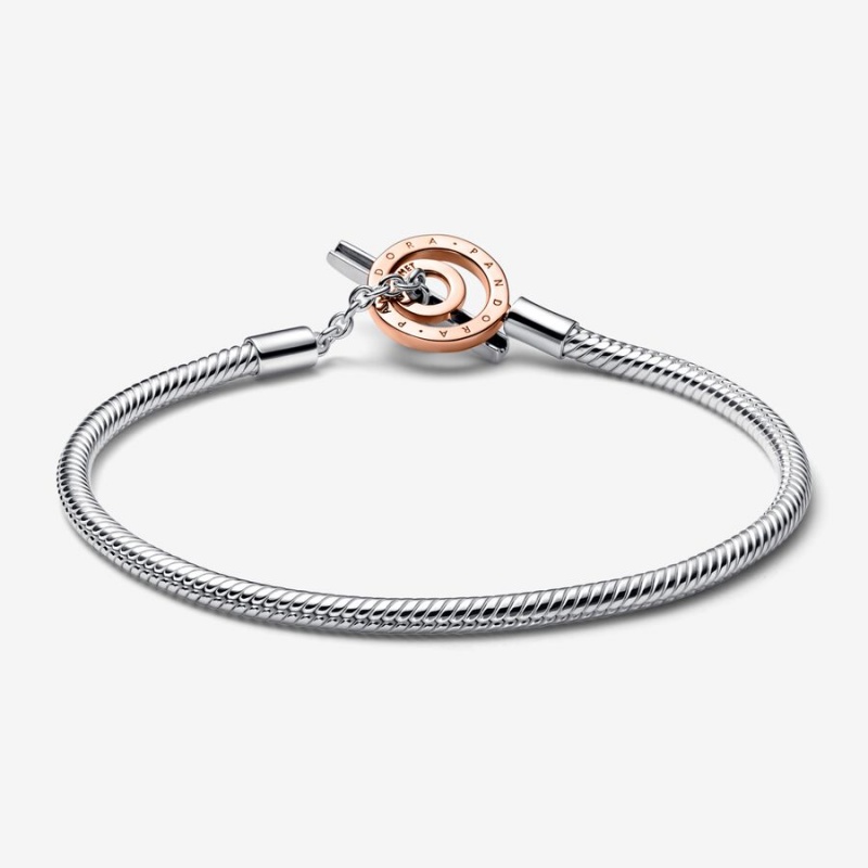 Pandora Signature Two-tone Logo T-Bar Snake Chain Bracelet Two-tone | 826PNQHMO