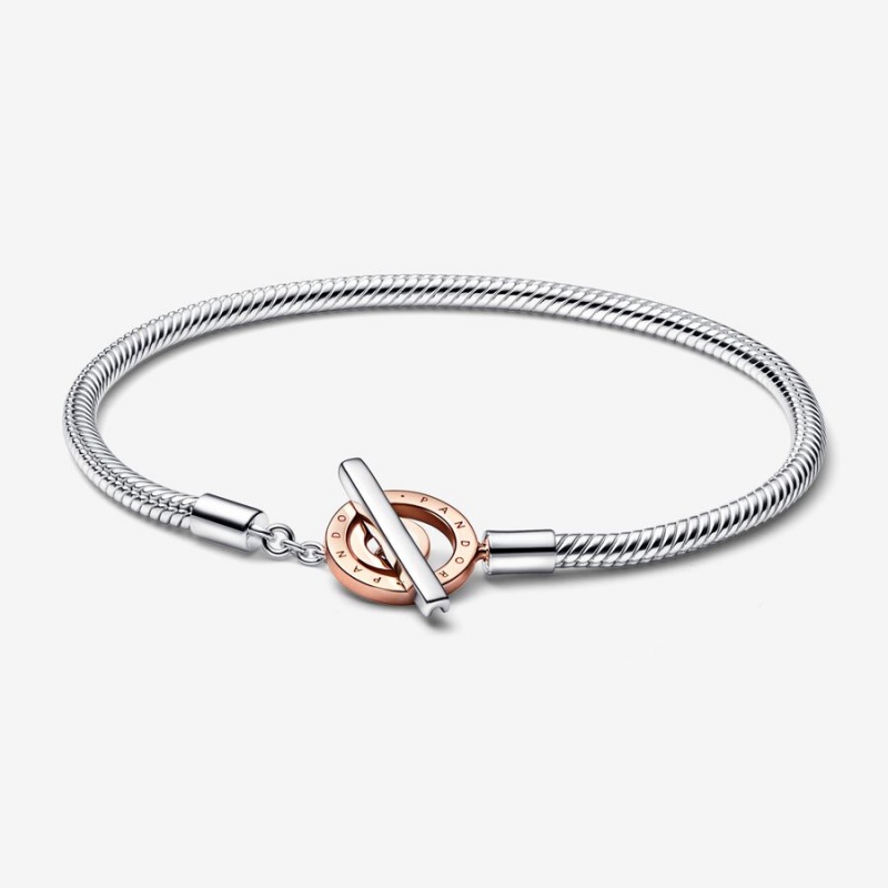 Pandora Signature Two-tone Logo T-Bar Snake Chain Bracelet Two-tone | 826PNQHMO