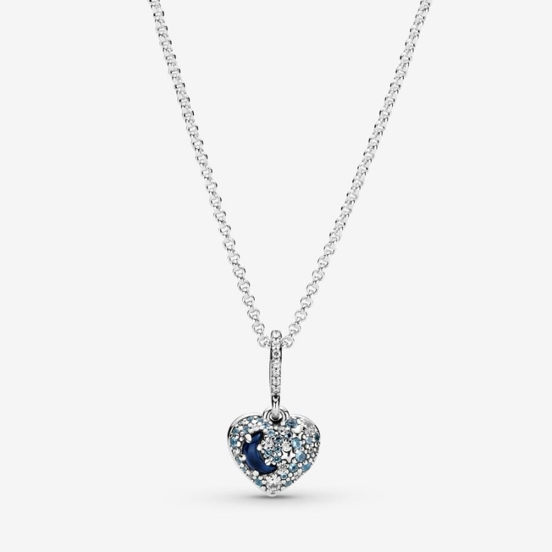 Pandora Sparkling Blue Moon & Stars Heart Necklace Sterling Silver | 610VYPWRD