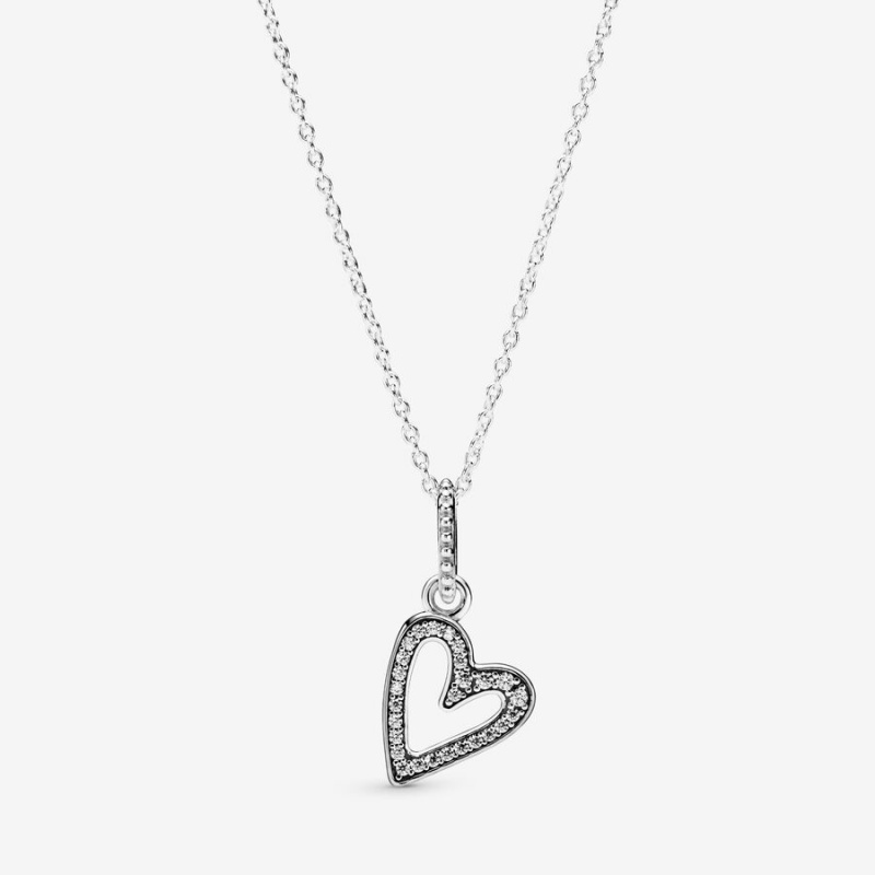 Pandora Sparkling Freehand Heart Pendant Necklace Sterling Silver | 865SNKIVM