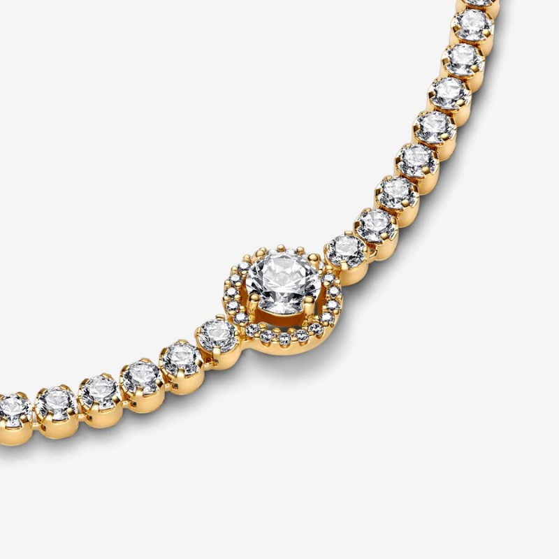 Pandora Sparkling Halo Tennis Bracelet Gold Plated | 374XQFHMO