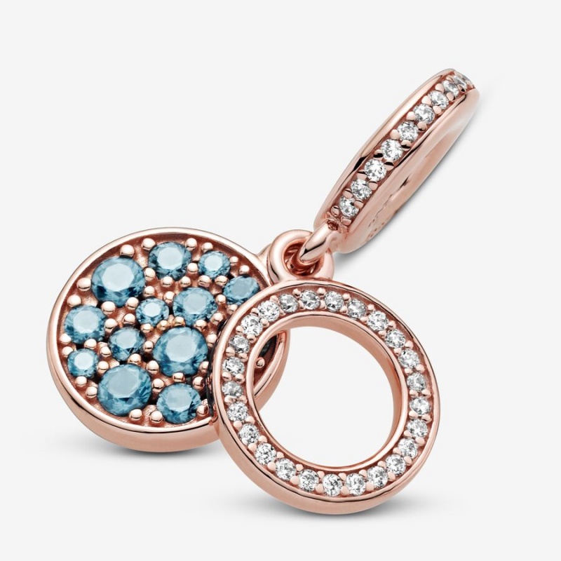 Pandora Sparkling Light Blue Disc Double Dangle Charm Rose Gold Plated | 182HIORVM