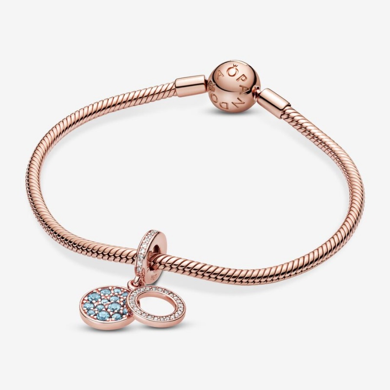 Pandora Sparkling Light Blue Disc Double Dangle Charm Rose Gold Plated | 182HIORVM