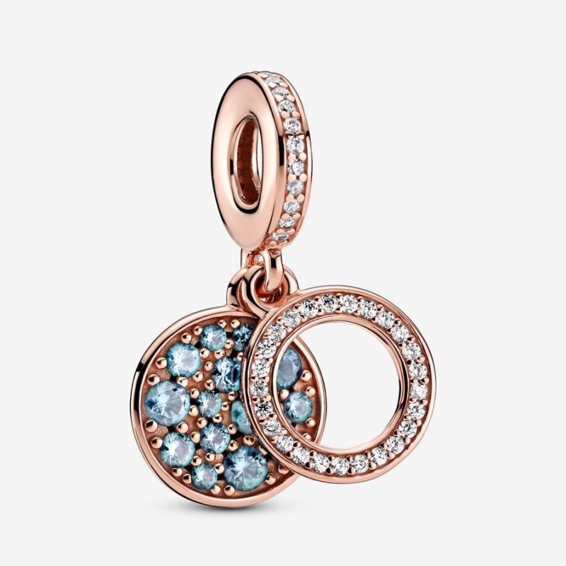 Pandora Sparkling Light Blue Disc Double Dangle Charm Rose Gold Plated | 182HIORVM