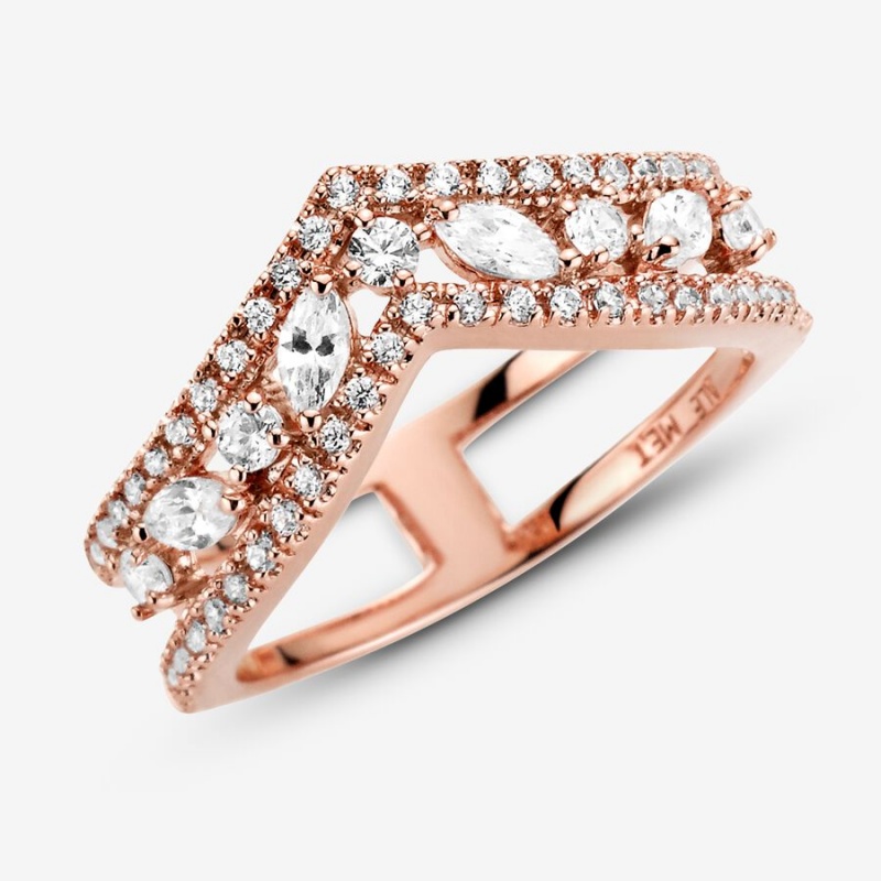 Pandora Sparkling Marquise Double Wishbone Ring Rose Gold Plated | 142VWOFZU