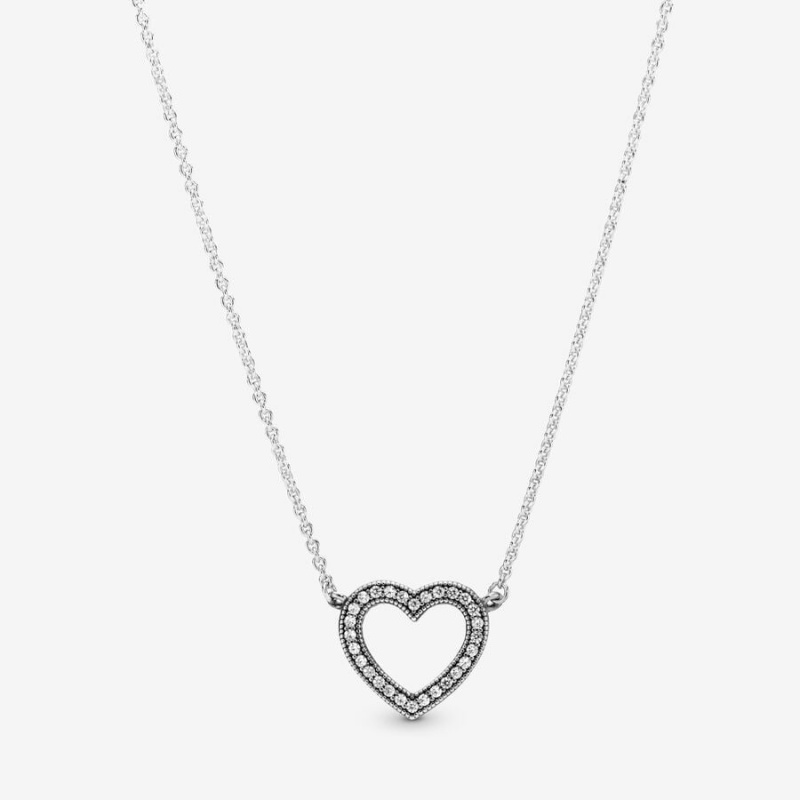 Pandora Sparkling Open Heart Necklace Sterling Silver | 680CKHOXJ