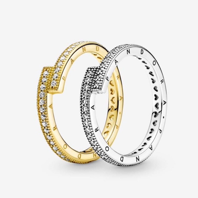 Pandora Sparkling Signature Duo Stacking Ring Set | 712EYVJTM