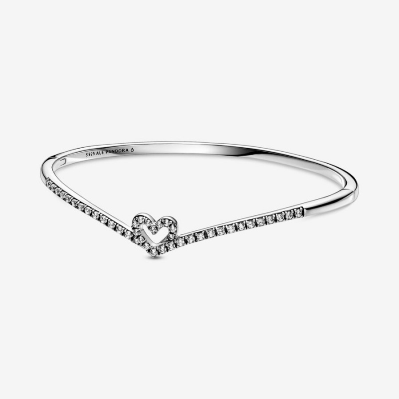 Pandora Sparkling Wishbone Heart Bangle Sterling Silver | 478NPTFHC