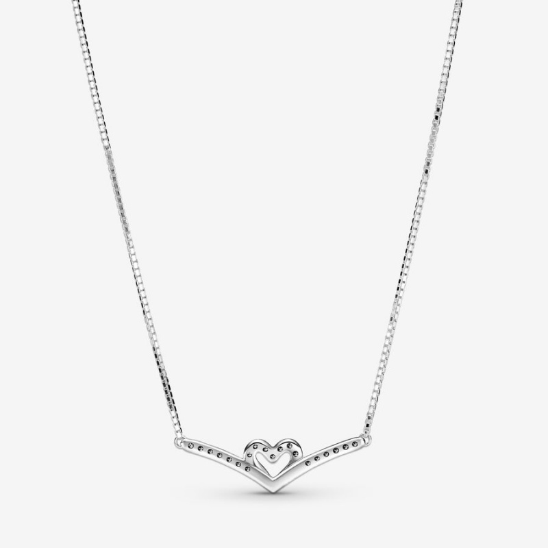 Pandora Sparkling Wishbone Heart Collier Necklace Sterling Silver | 076GSWIBC